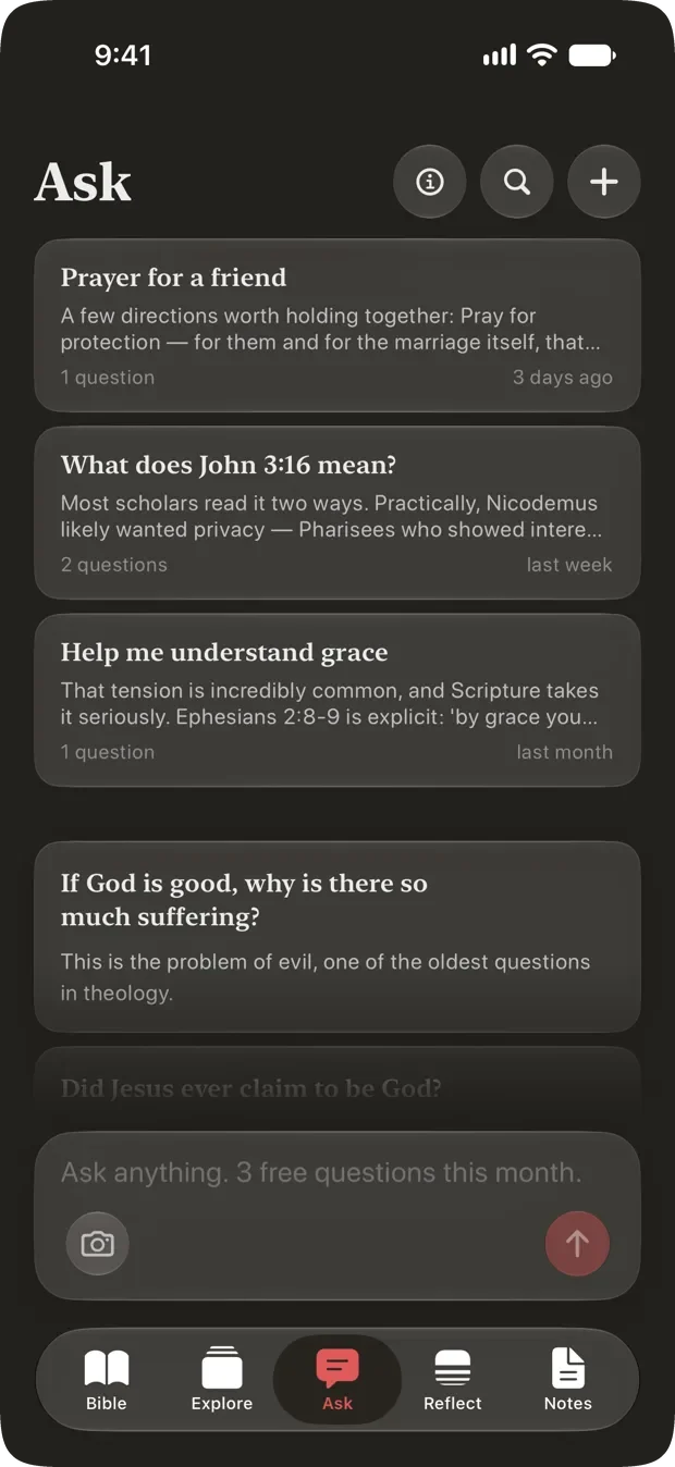 Cardinal's Ask tab, showing past conversations above a library of common questions and a composer reading Ask anything, three free questions this month.