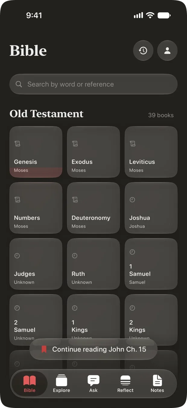 Cardinal's Bible tab: a search field reading Search by word or reference above the thirty-nine books of the Old Testament as a grid of cards, each naming its author, with a Continue reading John Ch. 15 pill resting above the tab bar.