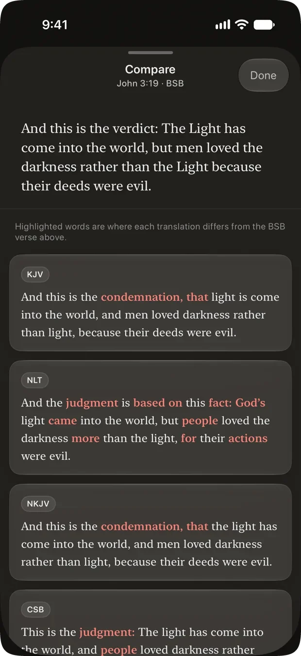 Compare translations for John 3:19, with the Berean Standard reading pinned on top and KJV, NLT, NKJV and CSB below it, the differing words picked out in red.