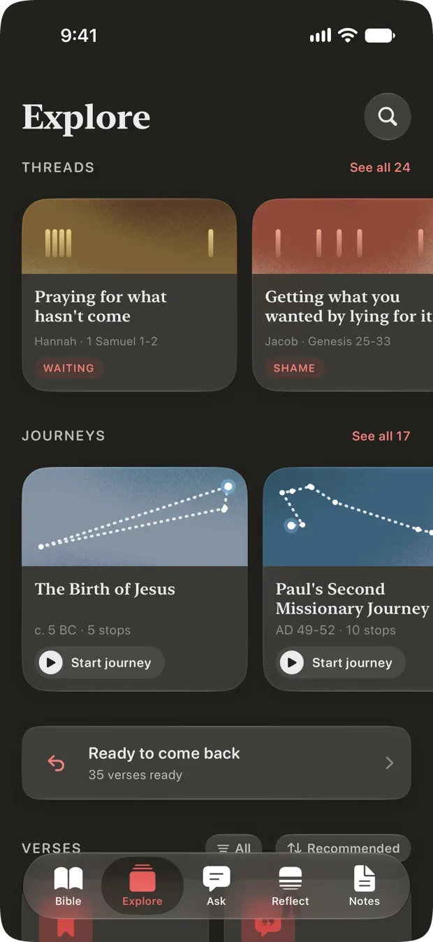 Cardinal&rsquo;s Explore tab. A Threads shelf headed See all 24 offers Praying for what hasn&rsquo;t come, Hannah in 1 Samuel 1 to 2, tagged Waiting, and Getting what you wanted by lying for it, Jacob in Genesis 25 to 33, tagged Shame. A Journeys shelf under it reads See all 17.