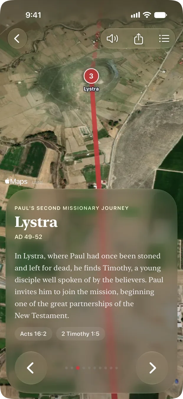 Stop three of Paul&rsquo;s Second Missionary Journey, Lystra, seen from above on satellite terrain with the route drawn through it in red. A panel below tells what happened there and offers Acts 16:2 and 2 Timothy 1:5 to open.