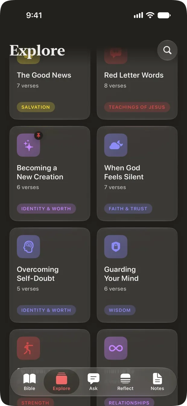 Cardinal's verse packs, a grid of themed sets including The Good News, Red Letter Words and Guarding Your Mind.