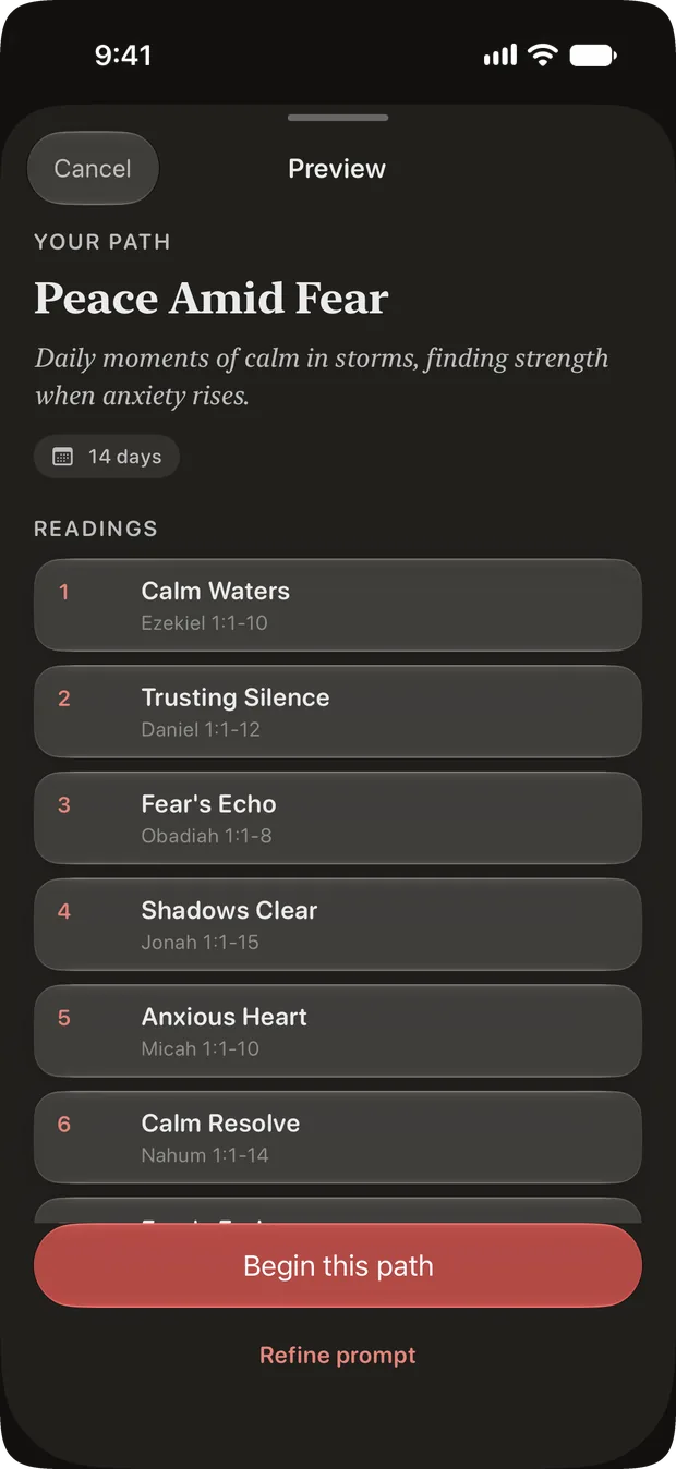 The path Cardinal shaped from those words, titled Peace Amid Fear and marked fourteen days, with its readings listed in order above a Begin this path button and a Refine prompt link.