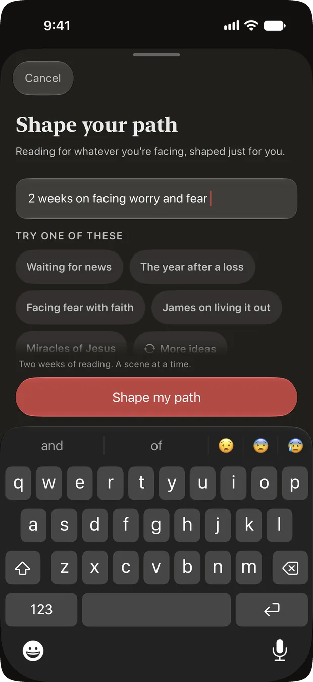 Cardinal's Shape your path sheet, with the words two weeks on facing worry and fear typed into it and suggested prompts underneath reading Waiting for news, The year after a loss and Facing fear with faith.