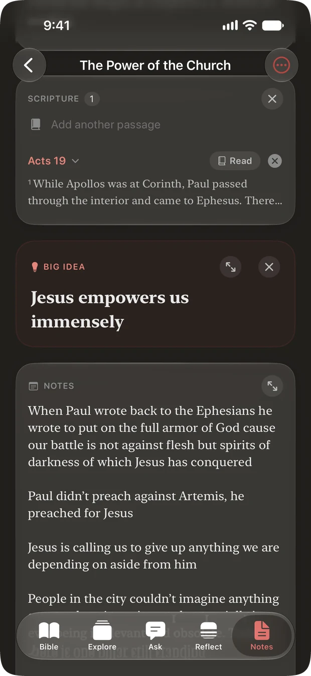 A sermon note titled The Power of the Church. Scripture holds Acts 19 with the opening verse shown and a Read button. A Big Idea panel reads Jesus empowers us immensely. Notes below it run to several paragraphs, beginning When Paul wrote back to the Ephesians he wrote to put on the full armor of God.