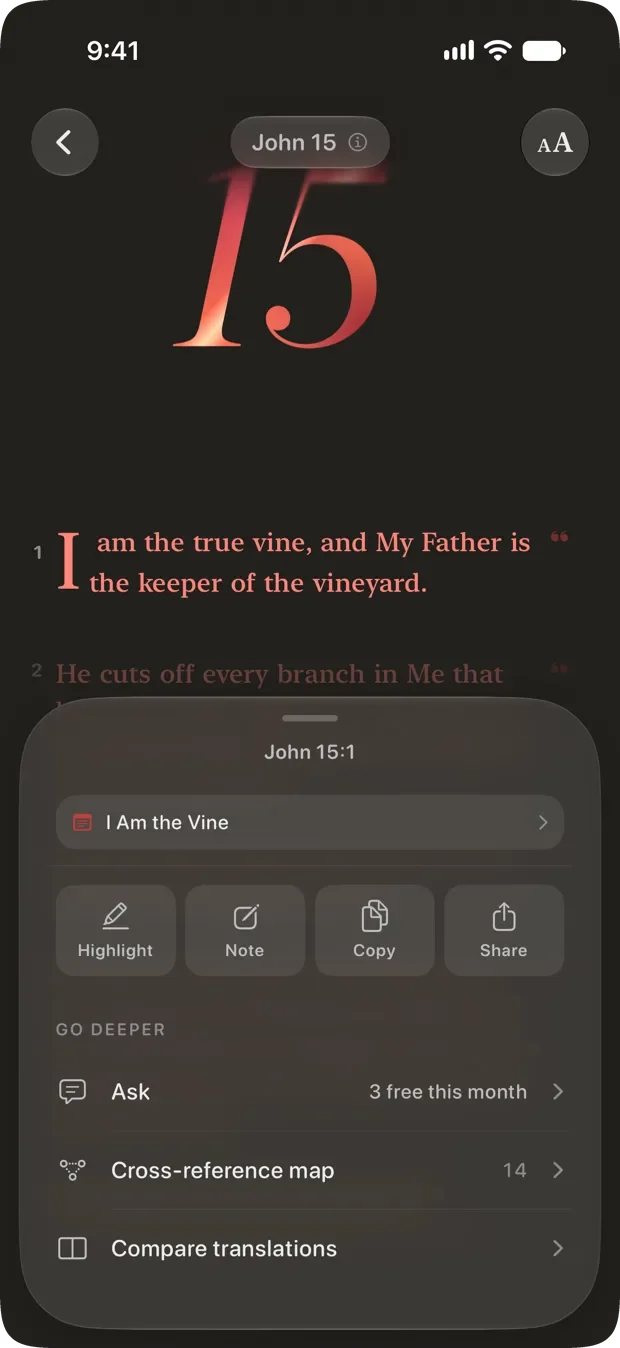 The verse action sheet for John 15:1, offering Highlight, Note, Copy and Share above Ask, Cross-reference map and Compare translations.